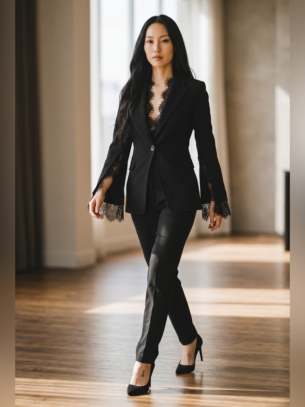 Gracia Black Blazer with Lace Accents